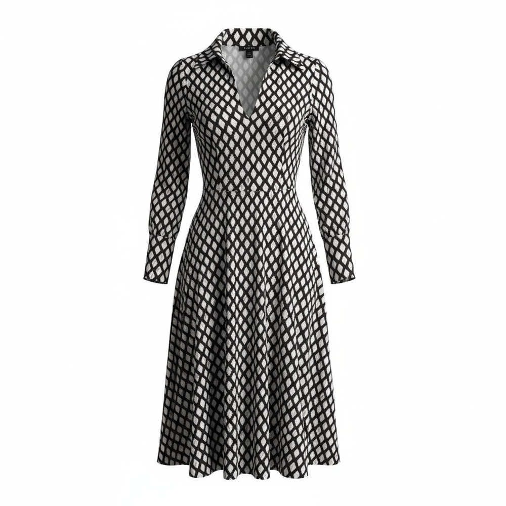 Women's Brown and Cream Collared Fit-and-Flare Dress